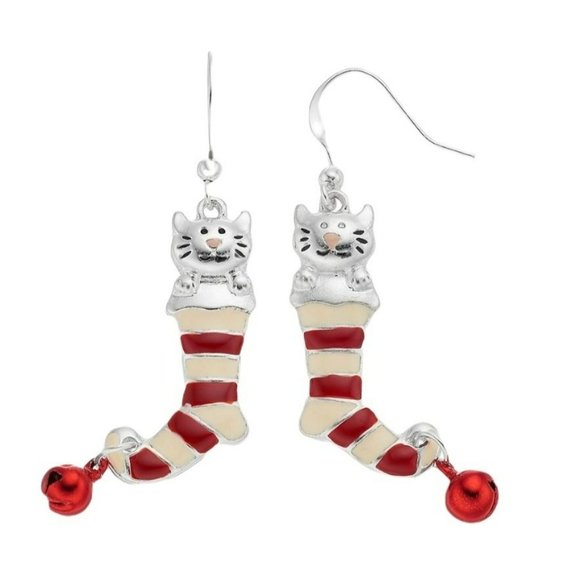Cat in Red Striped Stockings Cute Christmas Earrings Red and Silver JJ1218 - Picture 1 of 1